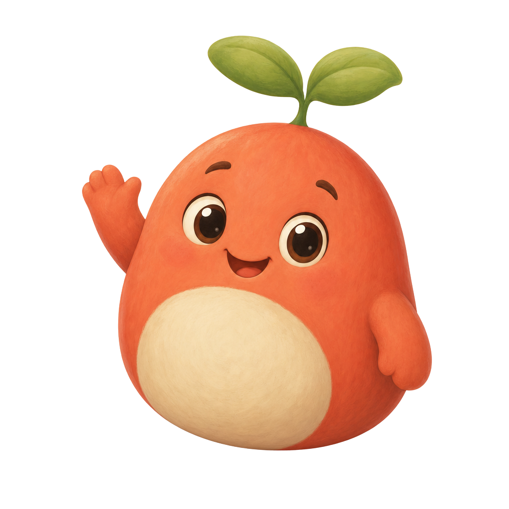 Pip, a small coral creature with a leaf sprout, waving